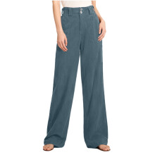 Womens Wide Leg Corduroy Pants High Waisted Blue Comfort Stretch Cotton Casual and Work Office Pants with Side Pockets,Size M