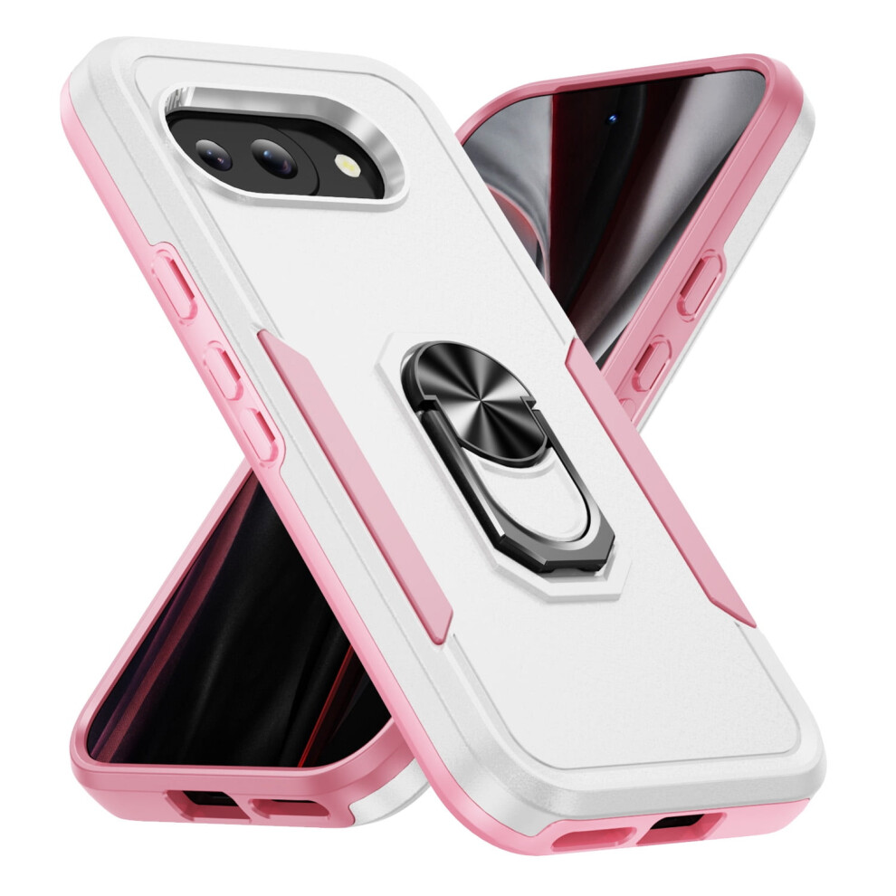 Rugged Shockproof Case For Google Pixel 9A With Ring Holder, Military-Grade Drop Protection & Kickstand Â + White/Pink 9152228651425