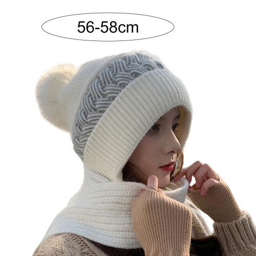 Conjunto feminino de gorro e cachecol de tricô bege com pompom. 1