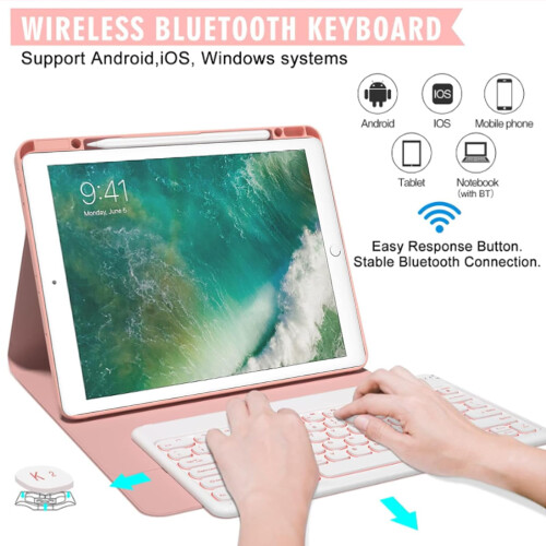 Capa com teclado compatível com iPad Pro de 12,9 polegadas (2015/2017, 1ª e 2ª geração), retroiluminação em 7 cores, sem fio e destacável, 2