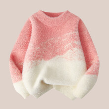 Pink Color Block Sweater for Little Girls 5Y, Knitted Cotton, Fuzzy Soft, Round Neck, Loose Fit, Breathable & Warm – Autumn/Winter Casual Wear