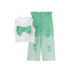 Girls 2 Piece Set Mint Green Bow Top & Ombre Wide Leg Pants Outfit Casual Summer Play Clothes Matching Set for Girls,Size 10-11T