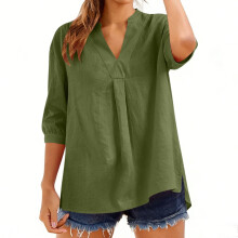 Women's Linen Blend Blouse V-Neck 3/4 Sleeve Relaxed Fit