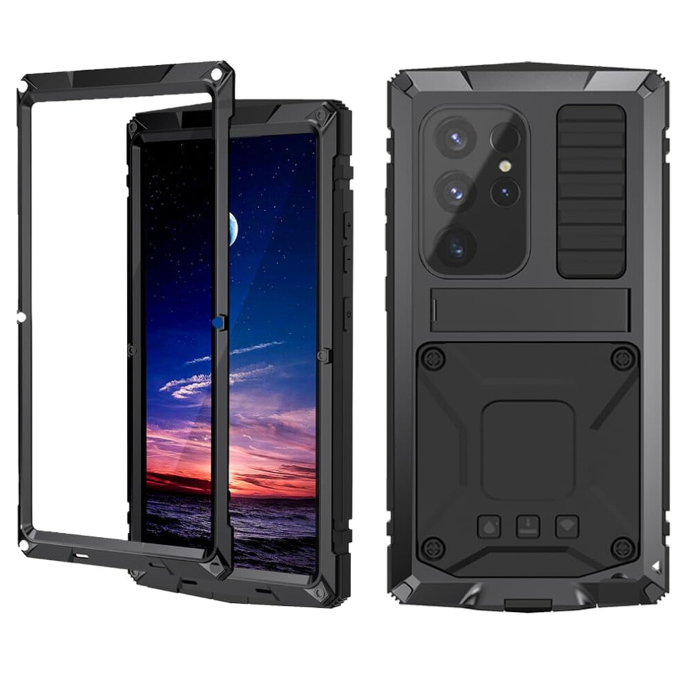 Metal Armor Case For Samsung S24 Ultra Â Military-Grade, Rugged, Shockproof, With Metal Stand & Screen Protector (Black) Black 9132278997797