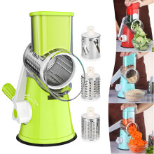Rotary Cheese Grater Hand Crank Cheese Shredder for Fresh Cheese, Vegetable, Nuts,Non-slip Suction Base, Free Cleaning Brush Three Blades, Blue
