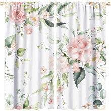 Rustic Flower Curtains Watercolor Pink Floral Green Leaves Natural Pattern Blackout Print Rod Pocket Window Drapes for Bedroom Living Room 42x54in