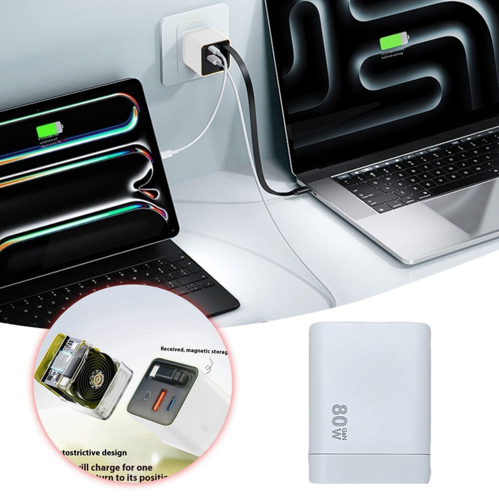 Retractable Wall Charger 80W Fast Charging Module With Usb C & Usb Ports Smartphones And Laptops (White) White 9132278998893