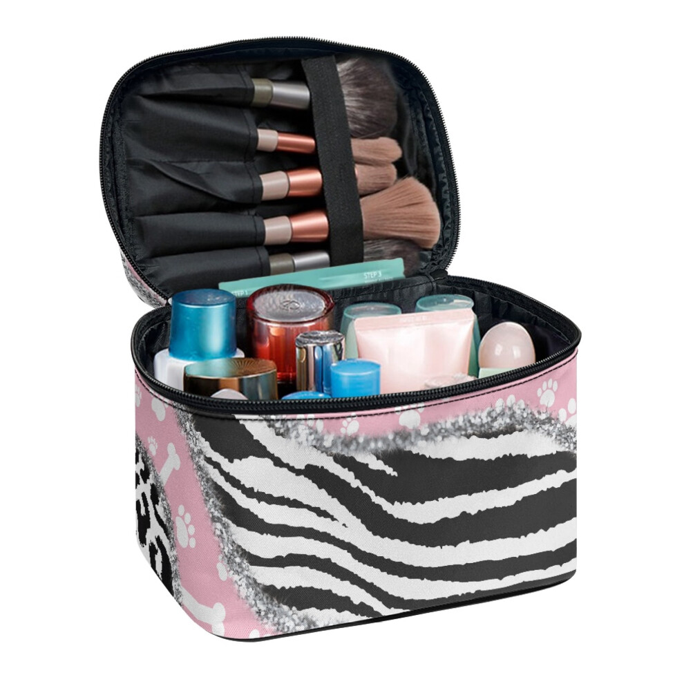 Zebra and Paw Prints Portable Travel Makeup Bag with Brush Slots Polyester Cosmetic Organizer Bags Daily Work