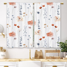 Pink Watercolor Floral Kitchen Curtains, Boho Minimalist Cafe Curtains with Rod Pocket, 27.5x39 Inch, Compatible with Standard Rods