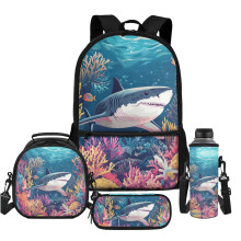 Sea Shark Rucksack-Set für Kinder von 10-12 Jahren: 4-teiliges Set: Schulranzen + Brotdose + Federmäppchen + Flaschenhalter – perfekt für den