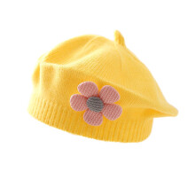 Kids Beret Hat Toddler Winter Knitted Beanie Cap with Cute Flower Little Girls French Hat Yellow Free Size