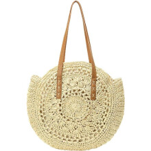Strohhandtasche für Damen, handgewebte runde Tasche aus Maisstroh, natürlich schick, große Sommer-Strandtasche mit gewebtem Henkel, Schultertasche