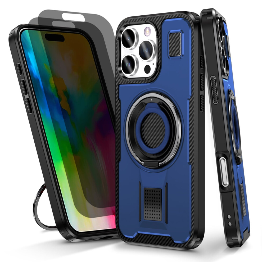 Iphone 16 Pro Max Case With 2 Privacy Screen Protectors, Heavy-Duty Shockproof, Anti-Fingerprint, 360 Rotatable Ring Stand Â Blue 9405492388598
