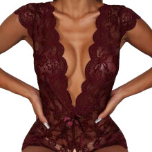 Stretch Floral Lace Fabric Adjustable Cross Strap Backless Design Women One Piece Lingerie Slim Fit Honeymoon Lingerie Wedding Night Lingerie Deep V