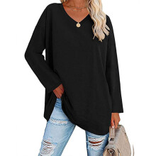 Blusa de manga larga con cuello en V transpirable para mujer, estilo casual, holgada, elástica y cómoda, tipo túnica, ideal para la oficina y el
