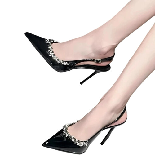 Women's Rhinestone Leather Pointed Toe Pumps Black 2