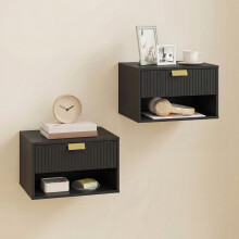 (Black) HOMCOM Floating Bedside Tables Set of 2 with Fluted Drawer Open Shelf