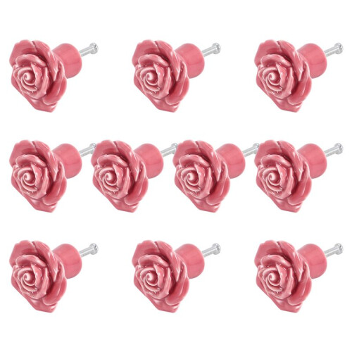 10 Pcs Ceramic Vintage Floral Rose Flower Door Knobs Handle Drawer Kitchen + Screws ()