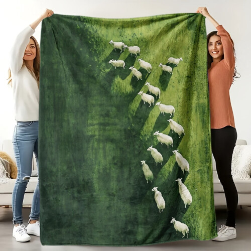 Κουβέρτα φανέλας Cozy Green Sheep & Lamb – Μαλακή, Αναπνέουσα 100% Πολυεστέρας, Πλένεται στο 2