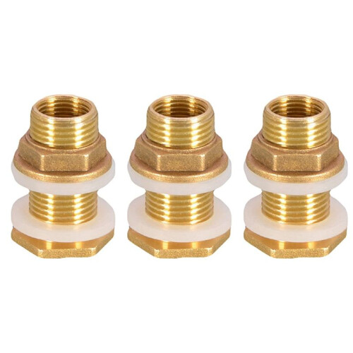 Solid Brass Bulkhead Fitting, 3 Sets 3/8 Inch Female 1/2 Inch Male Solid Brass Water Tank Connector Threaded with Ring
