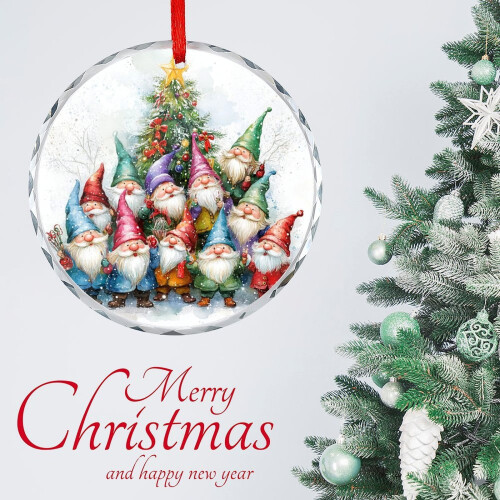 Christmas Gnome and Tree Crystal Glass Ornament 2