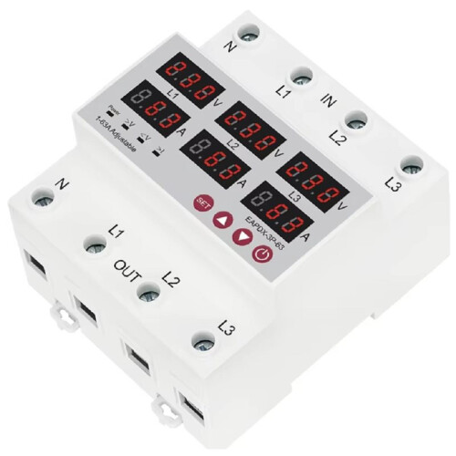 Three Phase Adjustable over and Under Voltage Protector Relay with Current Protection with Automatic Reset Function 63A 1