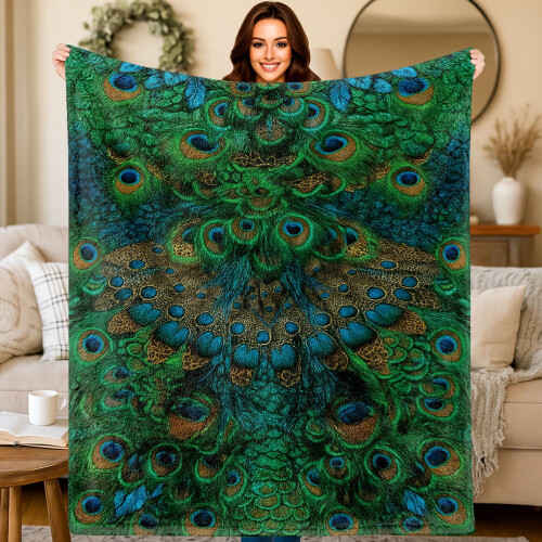Peacock Flannel Blanket Green 2D Printed Throw 1