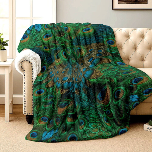 Peacock Flannel Blanket Green 2D Printed Throw 2