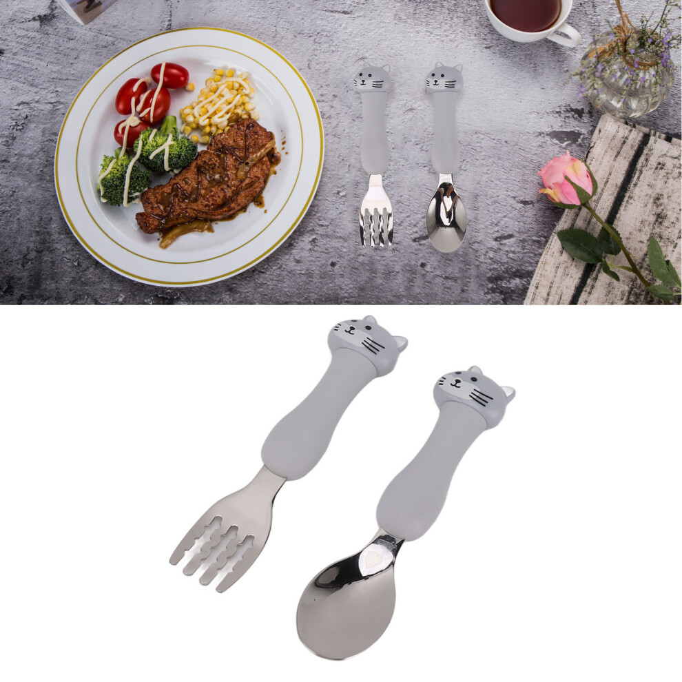 Kids Baby Feeding Set Cartoon Fork & Spoon PP Handle Stainless Steel Utensils