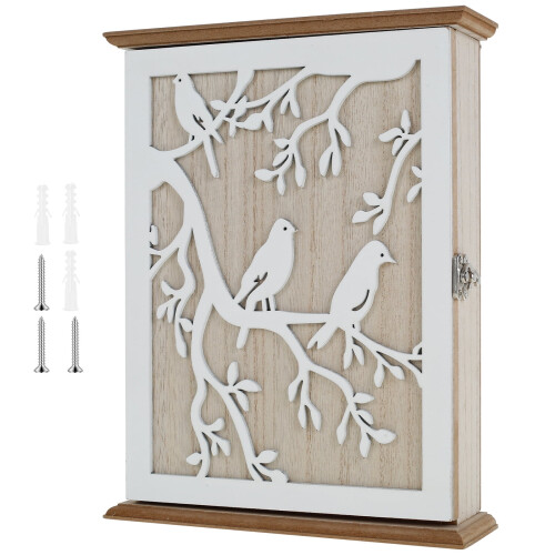 Wood Key Cabinet with Bird and Tree Pattern Wall-Mounted 1