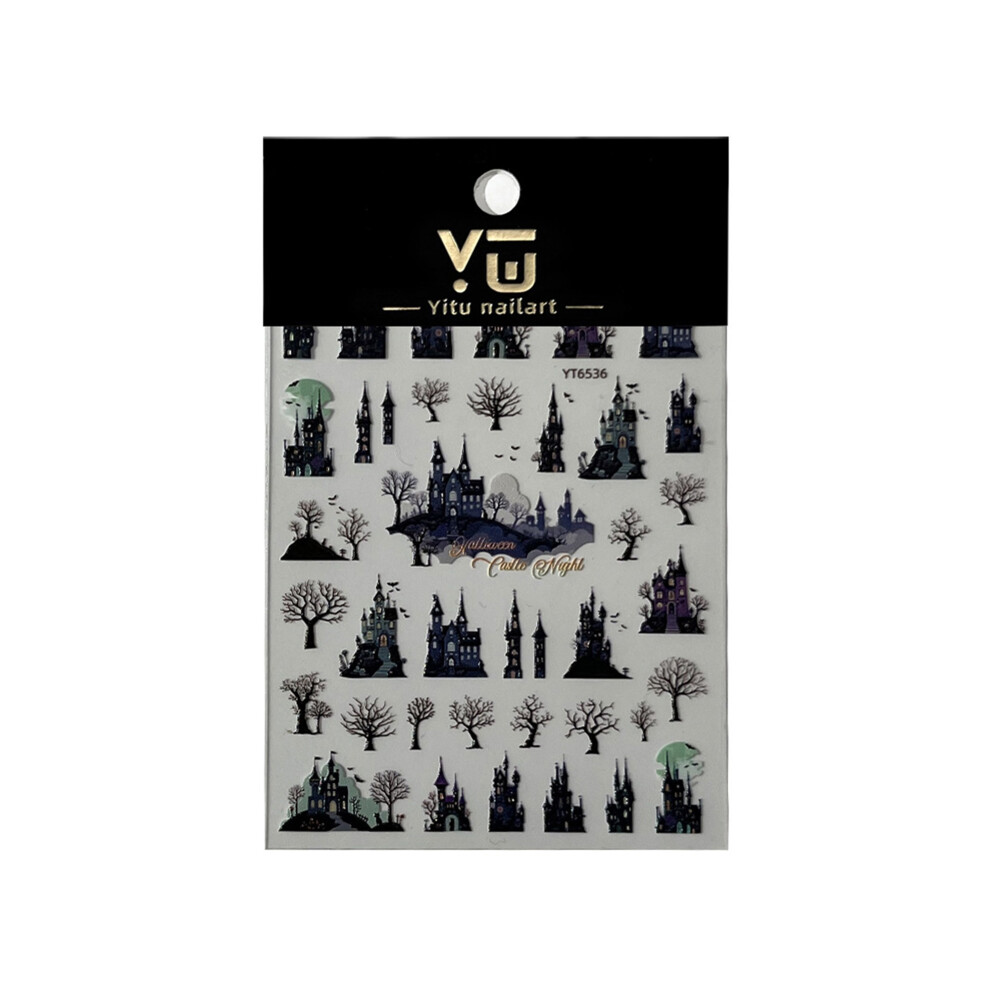 (8.3cmx12.6cm, Multicolor) Halloween Relief Castle Nail Stickers Spooky Haunted Building Trees Manicure Decals for DIY Creative Nails
