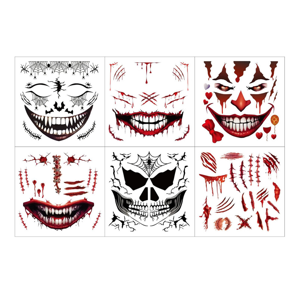 Red (19Cmx19cm, ) 6 Sheets Temporary Halloween Horror Stickers Spooky Scar Grimace Makeup Tattoos For Women Kids Cosplay Party