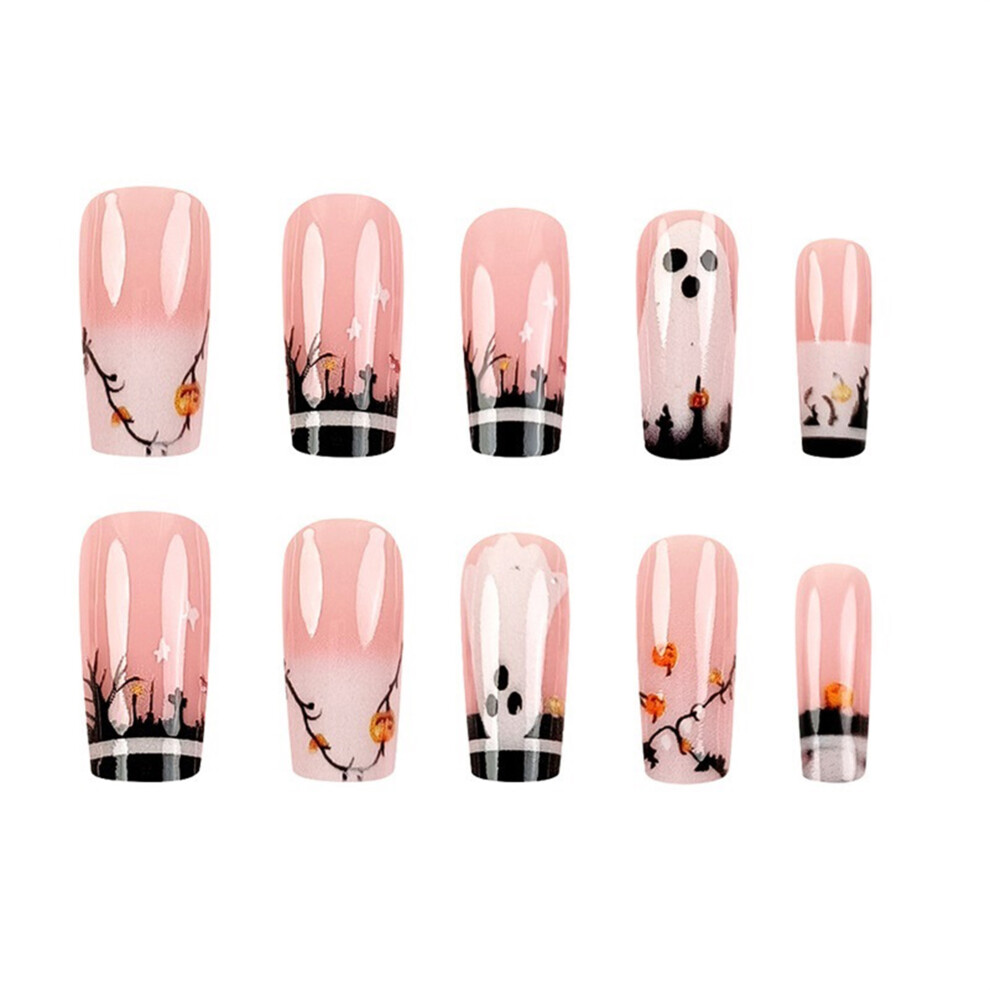 (24Pcs, Multi-color) Halloween Press on Nails 24Pcs Fake Nails Medium Coffin Shaped False Nails with Ghost Pumpkin Design