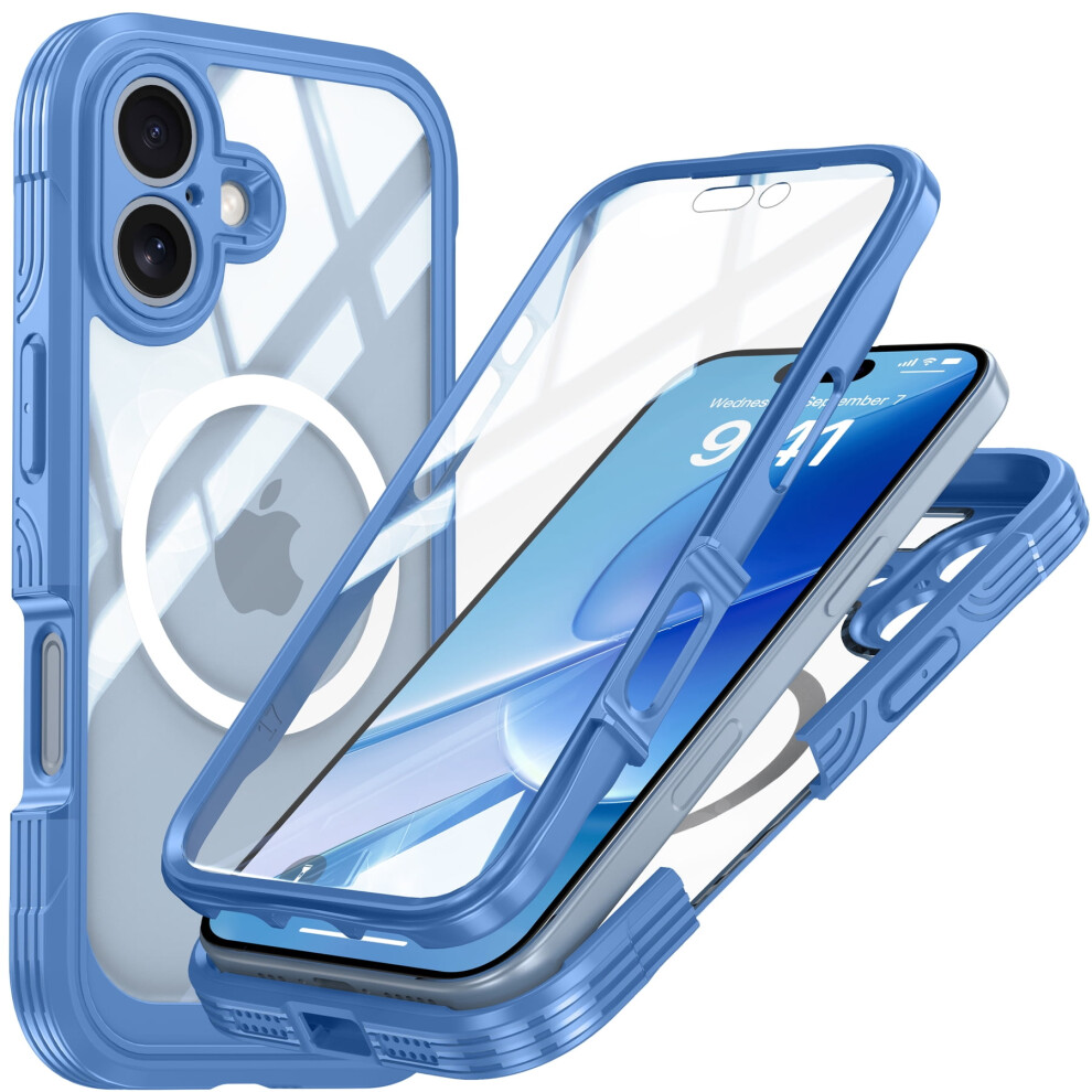 Iphone 17 Case Â Magnetic Wireless Charging, Shockproof Rugged Clear Bumper With Built-In Screen Protector, Blue 9558830177474