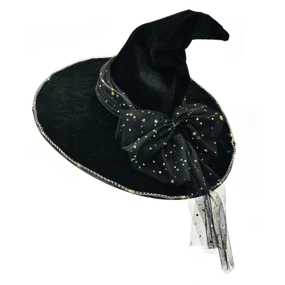 Black (43.5Cm, ) Halloween Witch Hat With Led Lights Gothic Wizard Hat Star Print Bow Decor Masquerade Cosplay Caps