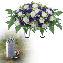 Purple Artificial Rose Cemetery Flower Saddle for Tombstone Decor, 26.77x19.69", Compatible with Outdoor Headstones