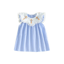 (6-12 Months, Sky Blue) Toddler Girls Dress Easter Clothes Cross Embroidered Lace Trim Doll Collar Fly Sleeve Casual Dress Baby Fashion Princess Dress
