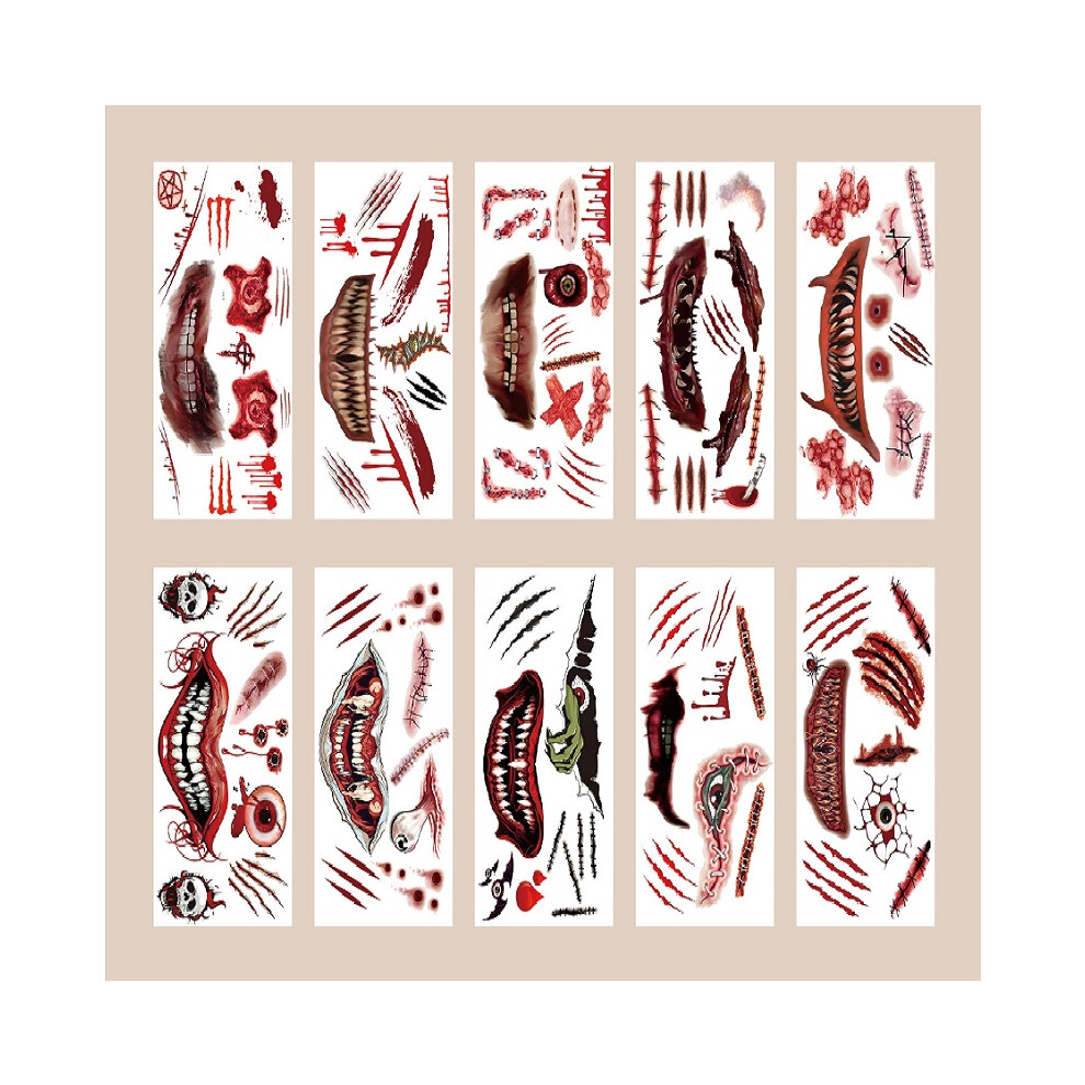 (12cmx6.8cm, Red) [GL] 10 Sheets Halloween Temporary Facial Tattoos Fake Scars Bloody Wound Stickers for Men Women Kids Cosplay