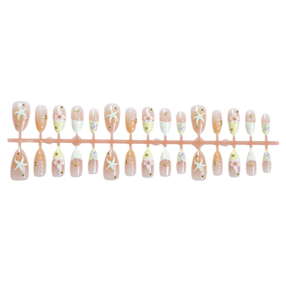 Pink (One Size, ) Almond Shaped Press On Nails 30Pcs Medium Length French Nails Glue On Fake Nails With Starfish Floral Design