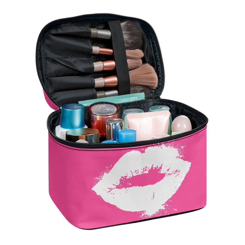 Make up Bag with Brush Slots Wide Open Portable Pouch Cosmetic Bag Organizer Lips Print