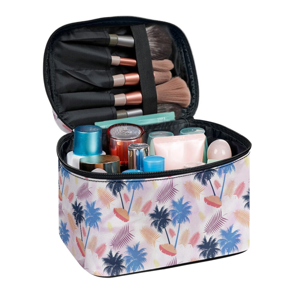 Palm Leaf Print Travel Makeup Bag with Brush Compartment Polyester Lightweitht Handy Beauty Brush Holder with Brush Slots