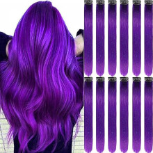 12 PCS 22 Inch Colored Clip-In Hair Extensions, Straight Synthetic Highlighted Hairpieces for Women, Dark Purple