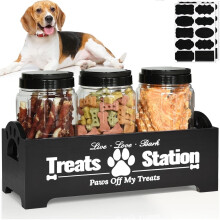 Farmhouse Wood Dog Treat Holder with 3 Plastic Jars – Compatible with Dog Food & Snacks
