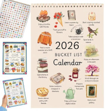 2 Pcs Bucket List Calendar 2026, 12-Month Spiral Wire-Bound Watercolor Wall Calendar with Illustrated & DIY Pages — Compatible with Home/Office