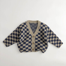 Checkered Spring/Autumn Unisex Kids Cardigan Sweater, Knitted Button-Front Long Sleeve Design.