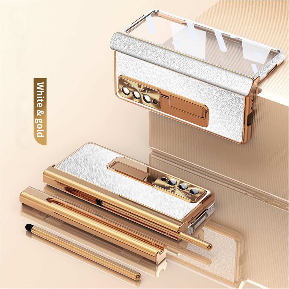 Luxury Leather Case For Compatible With Samsung Galaxy Z Fold 4 Â +, Plated Hinges, Built-In Pen Slot & Tempered Glass, Kickstand Silver/Gold 9485826757900