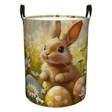 Rabbit Floral Laundry Basket, Oxford Cloth Collapsible Hamper with Bunny & Flower Print, 19.7x15.8", for Bedroom/Bathroom/Dorm Decor