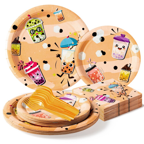 Boba Tea Party Tableware For 24 Guests, Disposable Tableware For Wedding Party