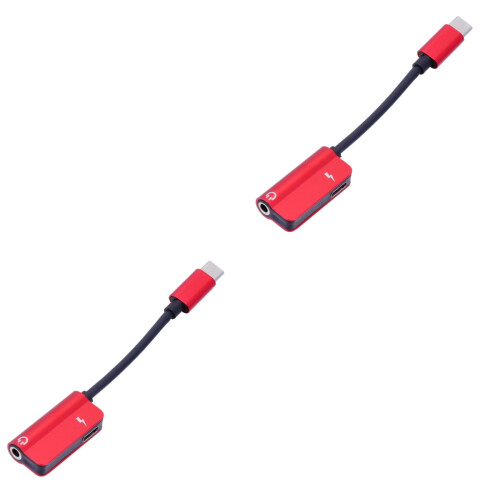 2Pcs Compact Red Type C to 3.5mm Audio Adapter with Charging for Phone 2