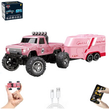 Mini RC-monstertruck med 3 hastighetsnivåer, 2,4G-fjernkontroll, LED-lys og tilhenger – slitesterk og flerspillerkompatibel.